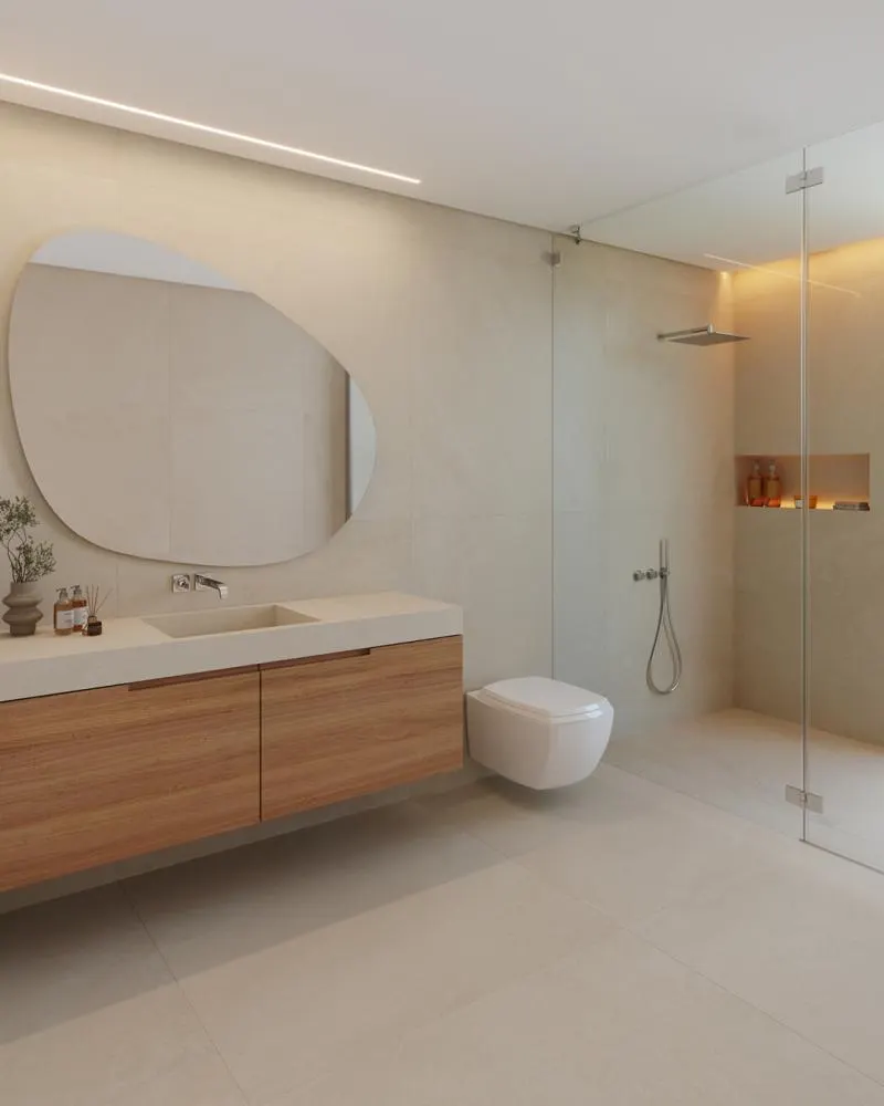 Porcelanato Atins Shell Decortiles para banheiros claros e serenos