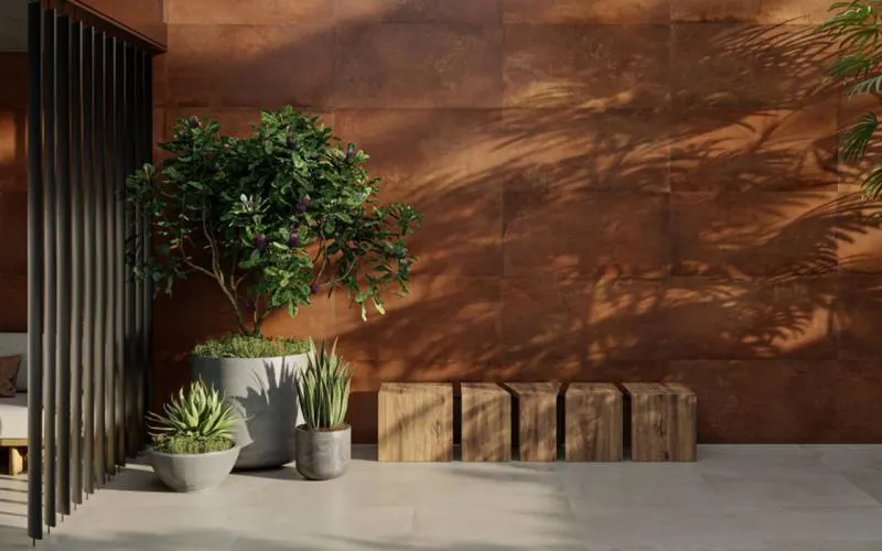 Série Cais Eliane: porcelanato efeito aço corten com textura 3D