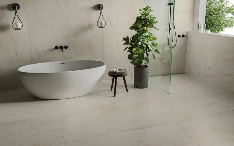 Série Mahal Eliane: porcelanato efeito quartzito com parede e mosaico