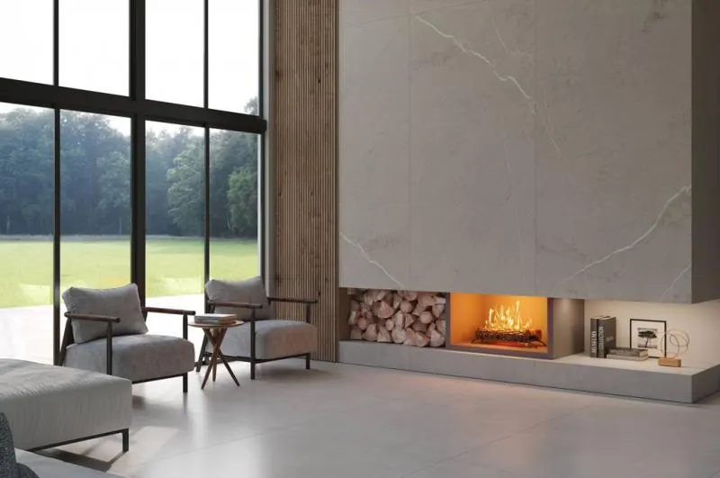 Revestimentos Decortiles para lareira e sala de estar aconchegante