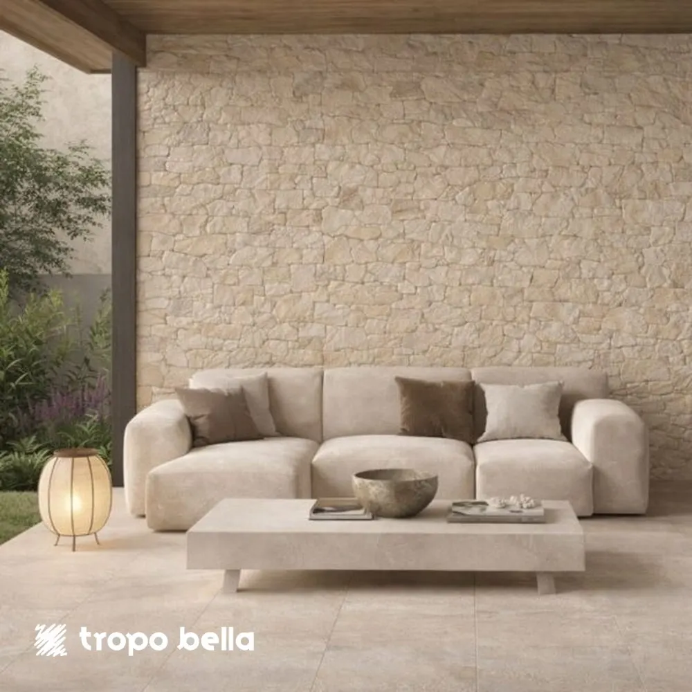 Porcelanato Lithos Crema Relevo 3D 33x65 Tropobella em ambiente