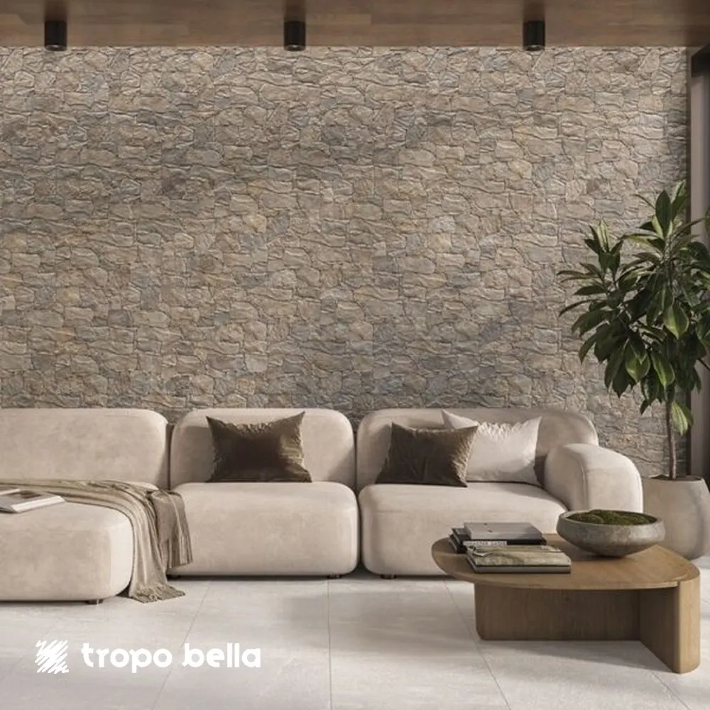 Porcelanato Lithos Sand Relevo 3D 33x65 Tropobella em ambiente